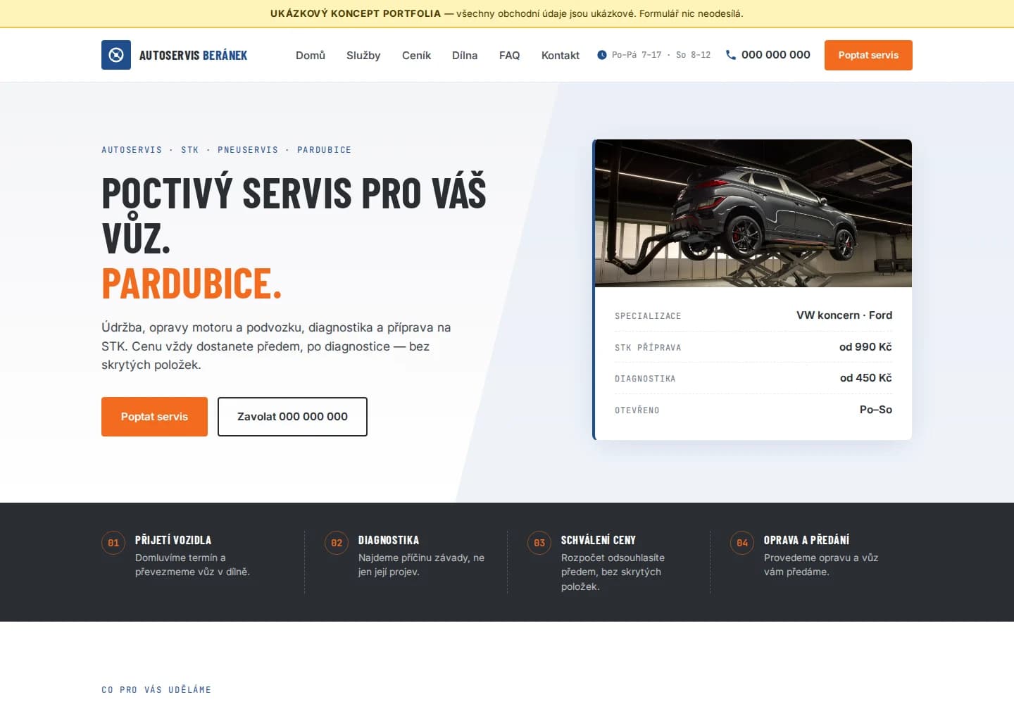 Desktopová podoba demo webu AutoServis Beránek — světlá úvodní sekce s nadpisem „Poctivý servis pro váš vůz“ a oranžovým tlačítkem