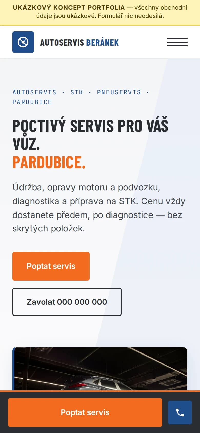 Mobilní podoba demo webu AutoServis Beránek s úvodní sekcí a kontaktním tlačítkem