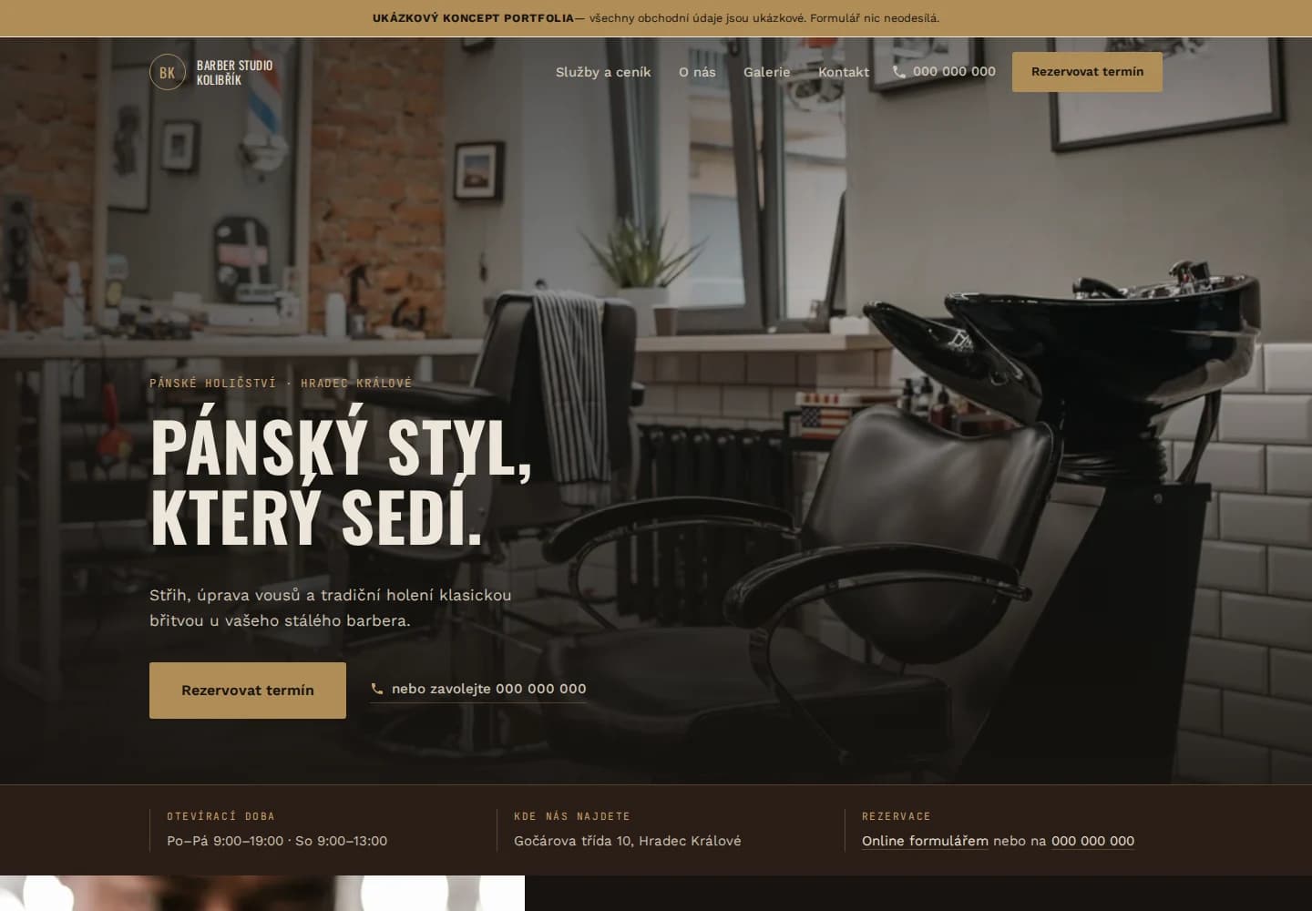 Desktopová podoba demo webu Barber Studio Kolibřík — celoplošná fotografie interiéru s nadpisem „Pánský styl, který sedí“ a tlačítkem pro rezervaci