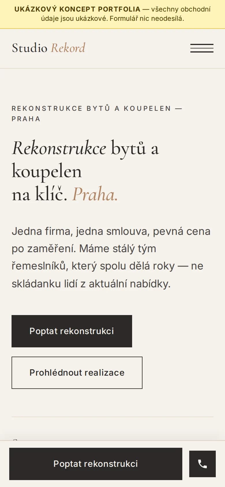 Mobilní podoba demo webu Studio Rekord s úvodní fotografií koupelny