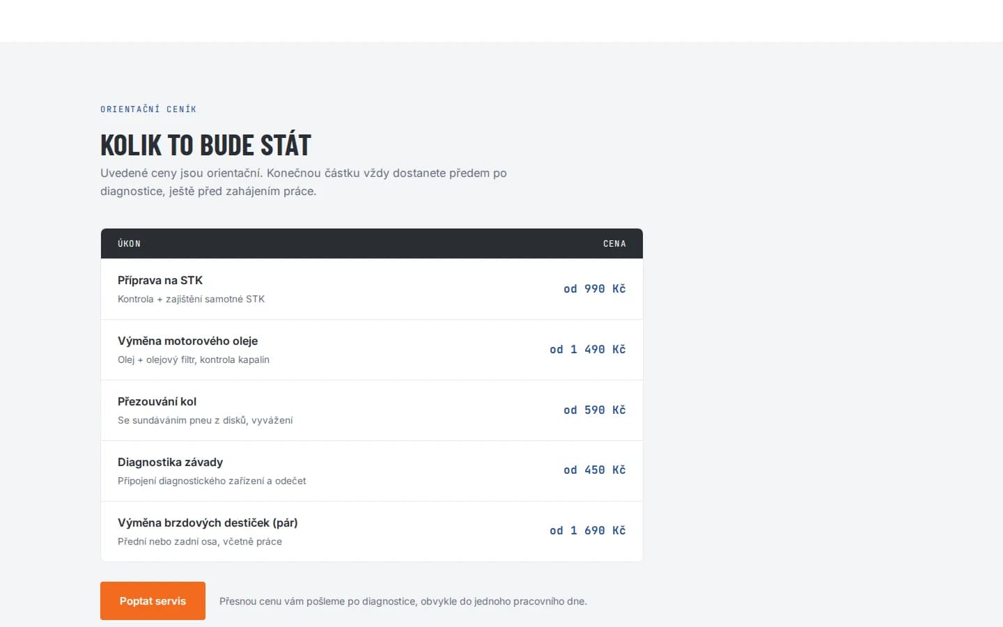 Cenová sekce demo webu autoservisu s orientačními cenami běžných úkonů