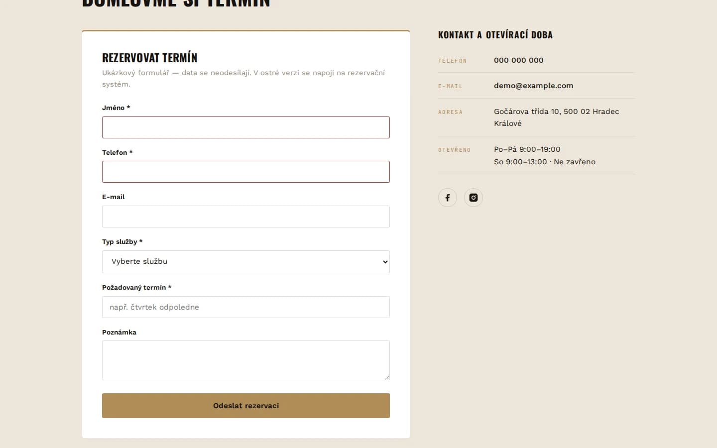 Kontaktní sekce demo webu s rezervačním formulářem a mapou