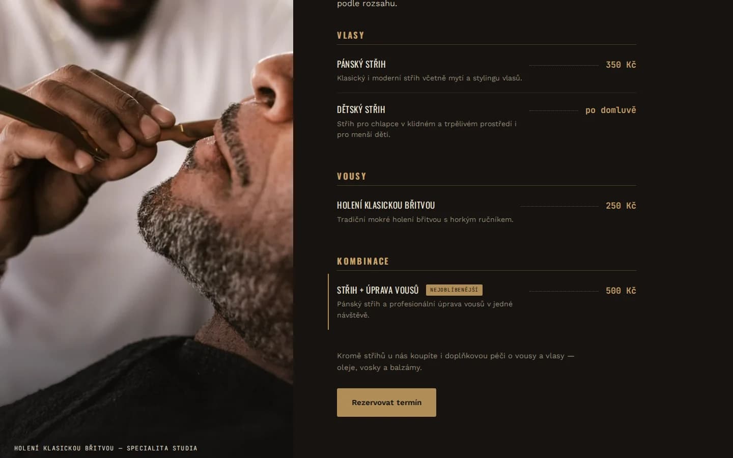 Ceník v rámci barber menu — seznam služeb s cenami, tečkovanými linkami a zvýrazněnou kombinací