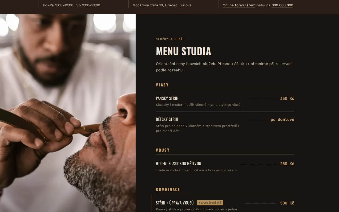 Kombinované menu služeb a cen demo webu — fotografie holení a skupiny vlasy, vousy a kombinace