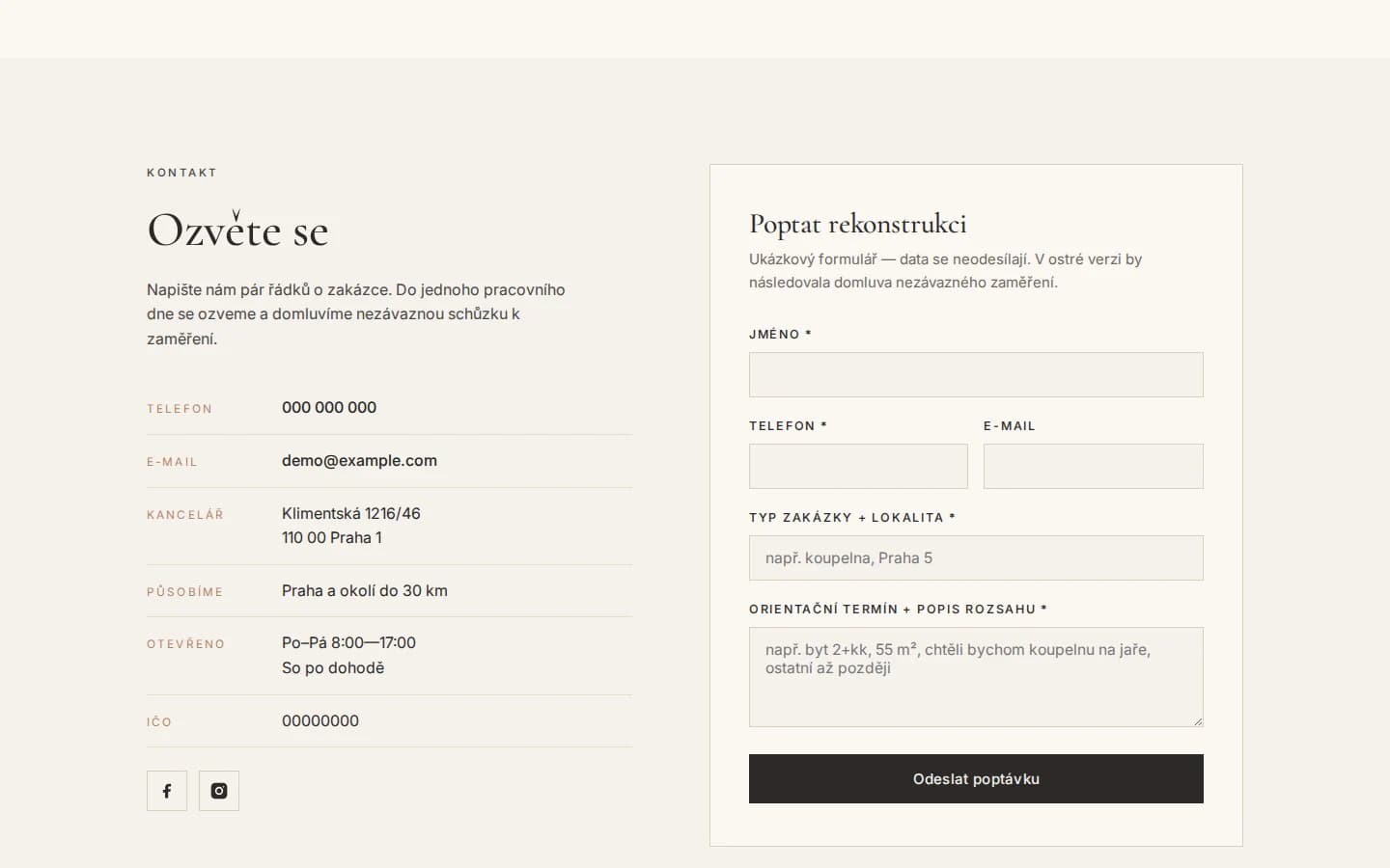 Kontaktní sekce demo webu Studio Rekord s poptávkovým formulářem